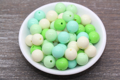 14mm Mix Round Gumball Beads, Ivory and Green Mix Loose Beads, Multicolor Bubblegum Beads, Chunky Beads, Smooth Round Beads #2456