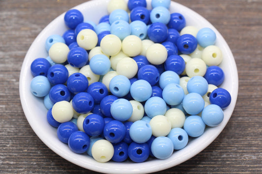 10mm Mix Round Gumball Beads, Ivory and Blue Mix Acrylic Beads, Multicolor Bubblegum Beads, Chunky Beads, Smooth Round Beads #2459