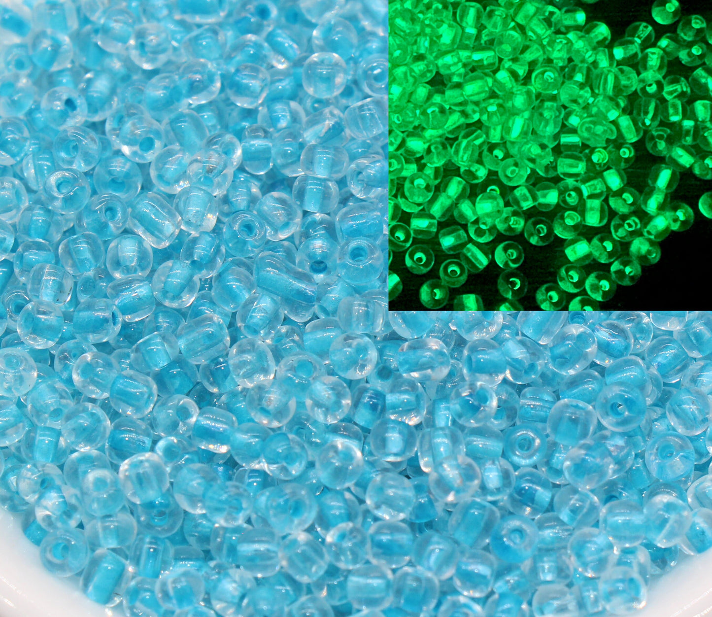 GLOW Glass Beads, 4mm 6/0 Glass Beads, Glow in Dark Transparent Beads with Blue Lining Beads, Rocailles Beads, Beading Supplies #2491