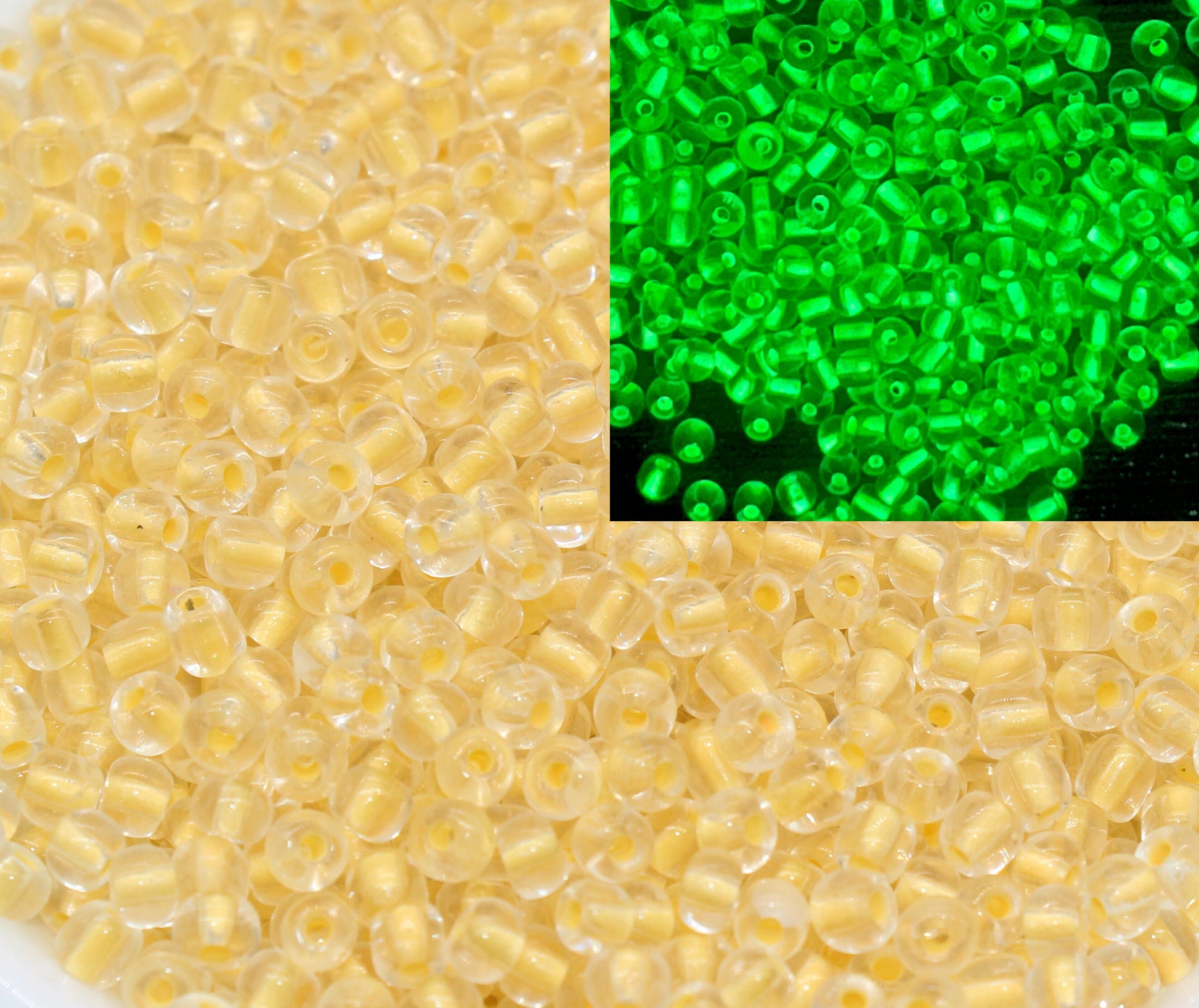 GLOW Glass Beads, 4mm 6/0 Glass Beads, Glow in Dark Transparent Beads with Yellow Lining Beads, Rocailles Beads, Beading Supplies #2492