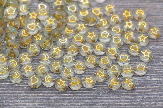 Heart, Star, Flower, Moon Beads, Gold Symbols with Glitter Beads, Symbol Beads, Plastic Heart Star Moon Flower Size 7mm #520