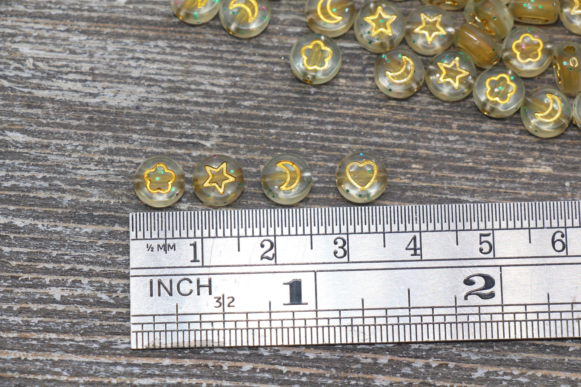 Heart, Star, Flower, Moon Beads, Gold Symbols with Glitter Beads, Symbol Beads, Plastic Heart Star Moon Flower Size 7mm #520