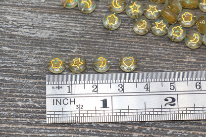 Heart, Star, Flower, Moon Beads, Gold Symbols with Glitter Beads, Symbol Beads, Plastic Heart Star Moon Flower Size 7mm #520