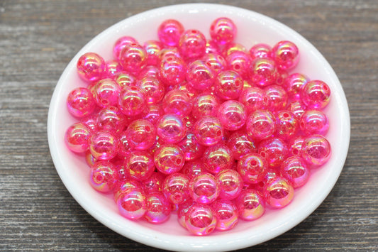 10mm Hot Pink AB Round Beads, Iridescent Acrylic Gumball Beads, Transulcent Round Spacer Beads, Bubblegum Beads, Plastic Round Bead #65