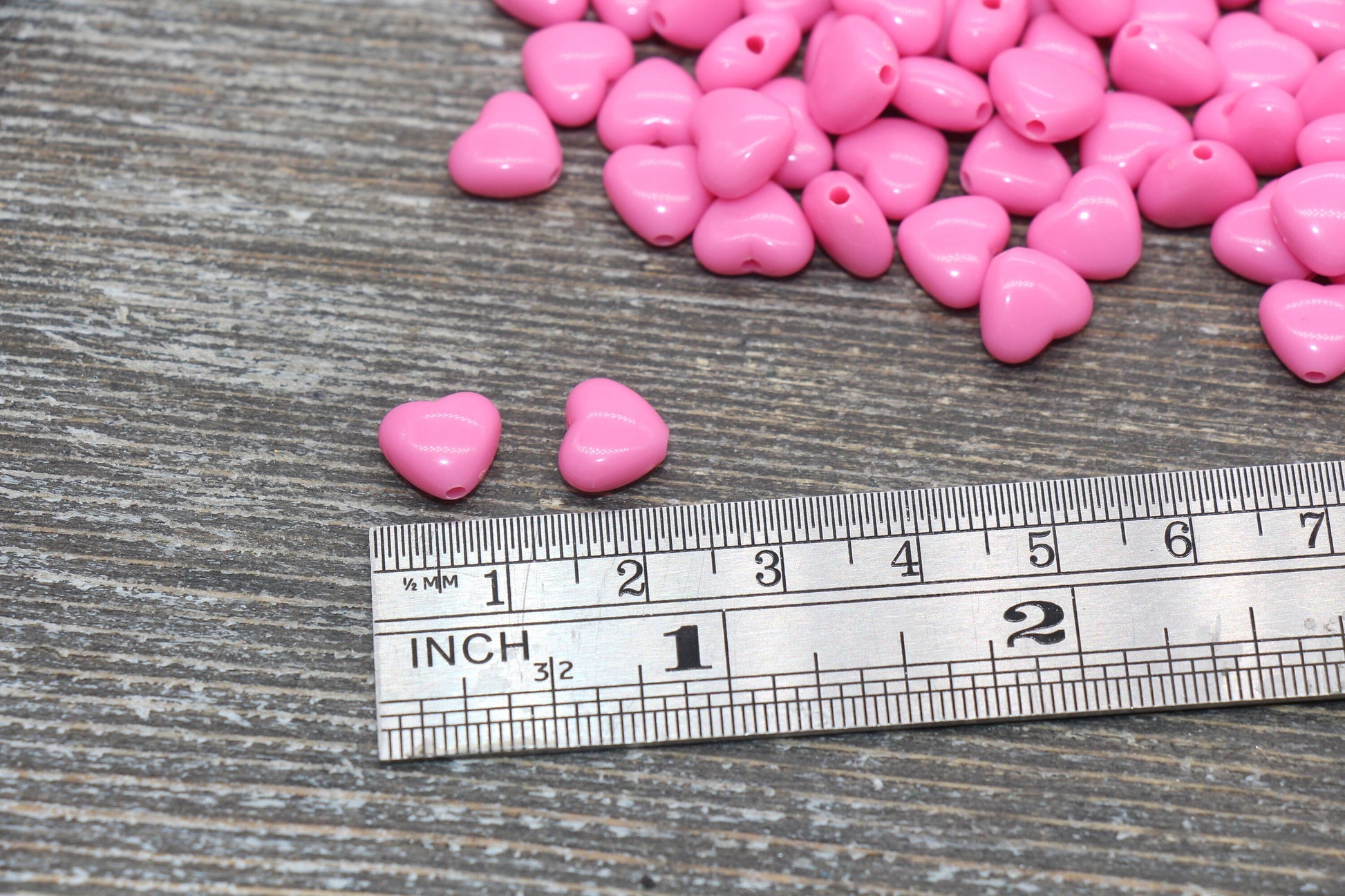 Barbie Pink Heart Beads, Pink Acrylic Heart Beads, Chunky Pink Heart Beads, Plastic Heart Shape Beads, Vertical Hole Hearts #2506