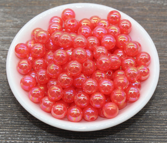 10mm Jelly Red AB with Glitter Gumball Beads, Iridescent Acrylic Loose Beads, Bubblegum Beads, Sparkle Glossy Chunky Round Beads #2523