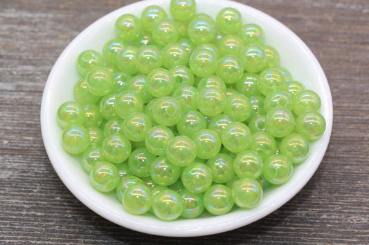 10mm Jelly Green AB with Glitter Gumball Beads, Iridescent Acrylic Loose Beads, Bubblegum Beads, Sparkle Glossy Chunky Round Beads #2529