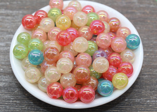 12mm Jelly Multicolor AB with Glitter Gumball Beads, Iridescent Acrylic Loose Beads, Bubblegum Beads, Sparkle Chunky Round Beads #2538