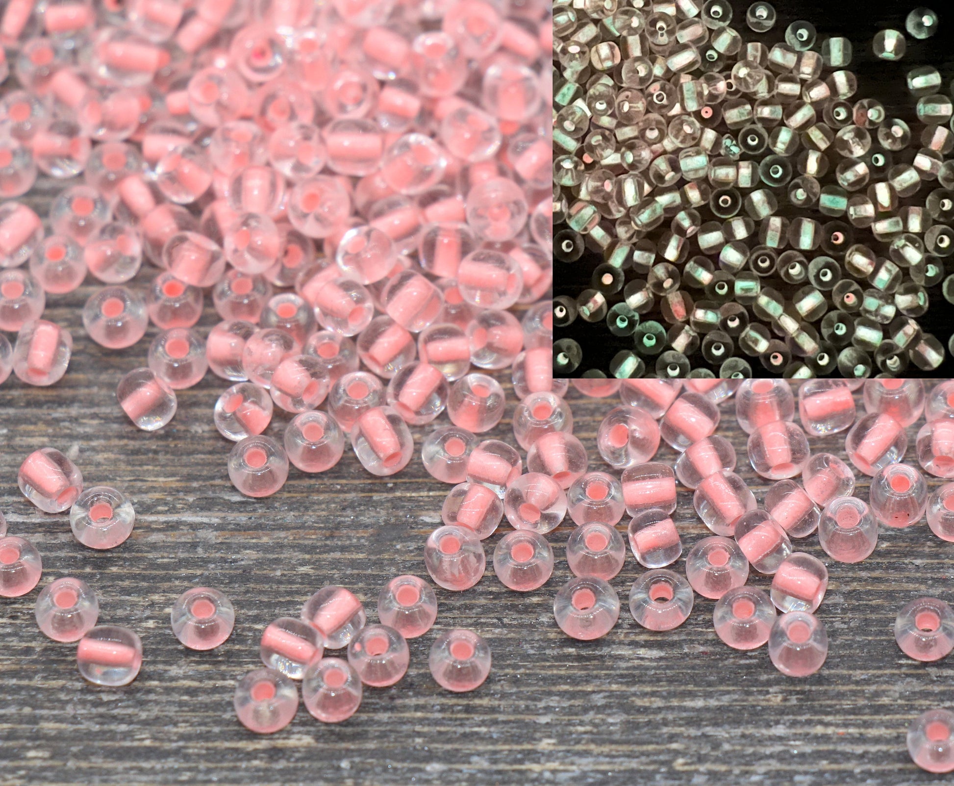 GLOW Glass Beads, 4mm 6/0 Glass Beads, Glow in Dark Transparent Beads with Pink Lining Beads, Rocailles Beads, Beading Supplies #2404