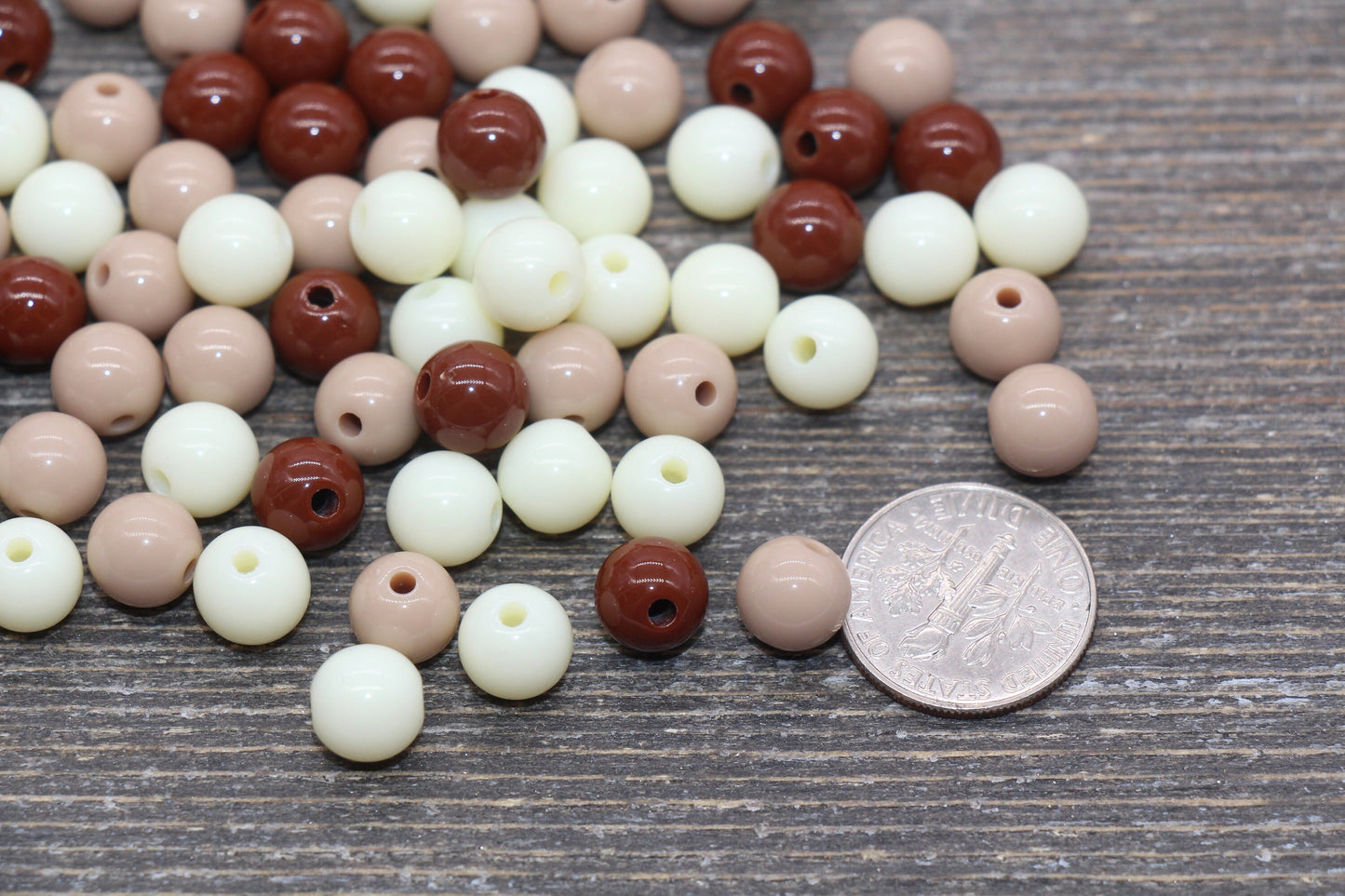 8mm Mix Round Gumball Beads, Ivory and Brown Mix Acrylic Loose Beads, Multicolor Bubblegum Beads, Chunky Beads, Smooth Round Beads #2418