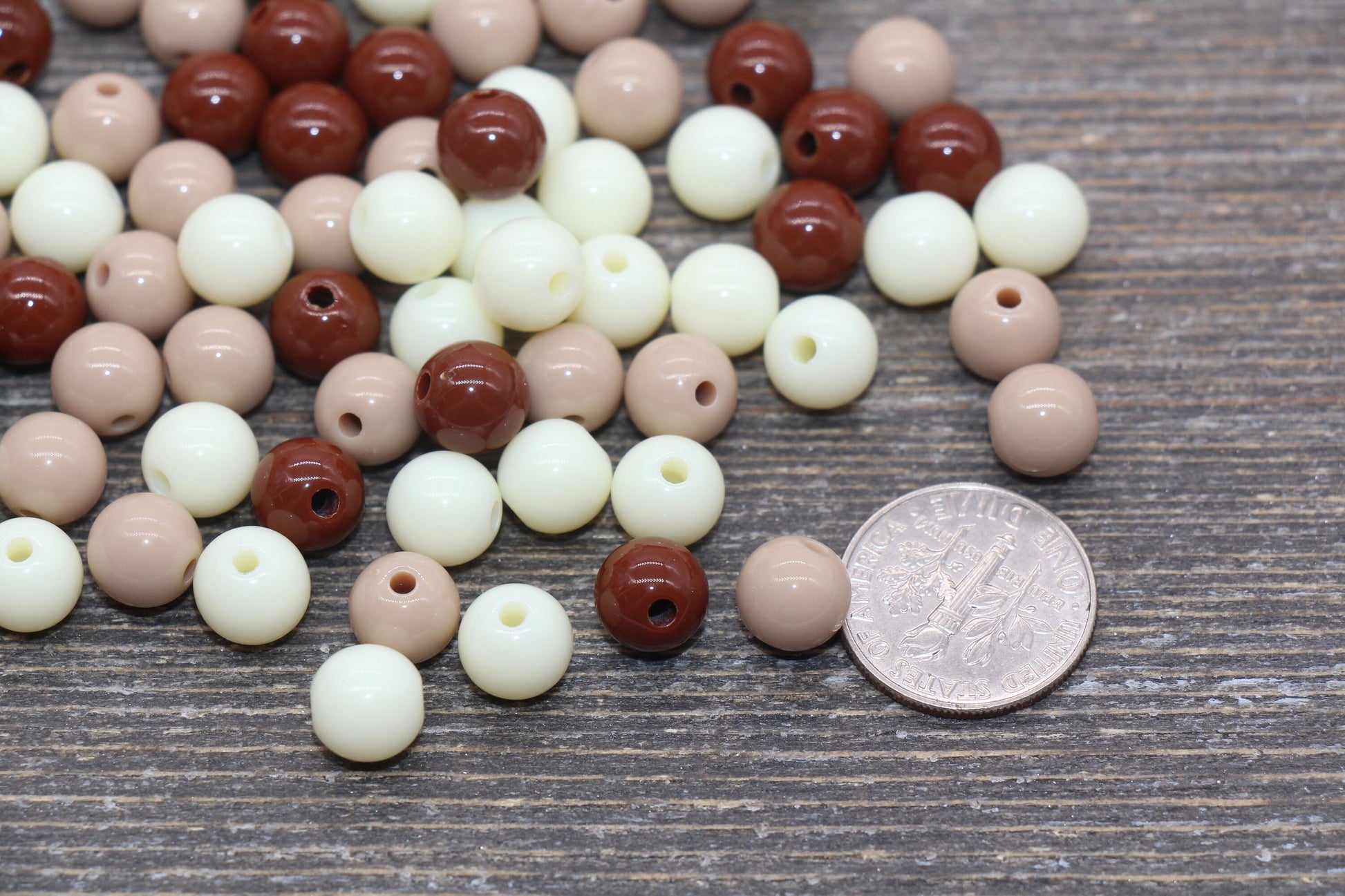 8mm Mix Round Gumball Beads, Ivory and Brown Mix Acrylic Loose Beads, Multicolor Bubblegum Beads, Chunky Beads, Smooth Round Beads #2418