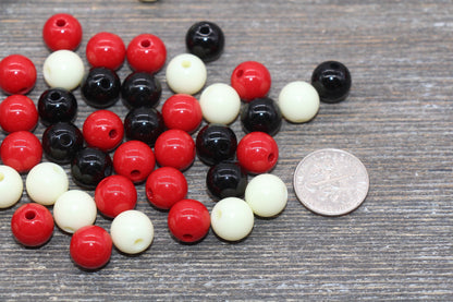 10mm Mix Round Gumball Beads, Ivory Red and Black Mix Acrylic Beads, Multicolor Bubblegum Beads, Chunky Beads, Smooth Round Beads #2424