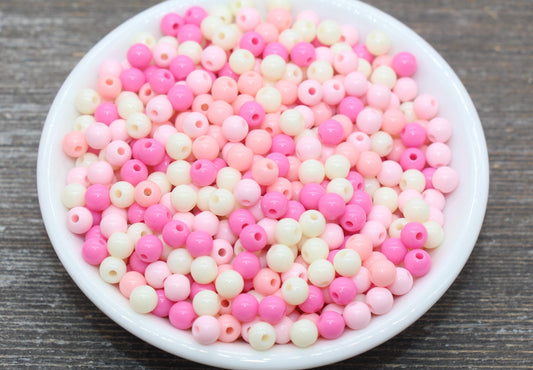 6mm Mix Round Gumball Beads, Ivory and Pink Mix Acrylic Loose Beads, Multicolor Bubblegum Beads, Chunky Beads, Smooth Round Beads #2432