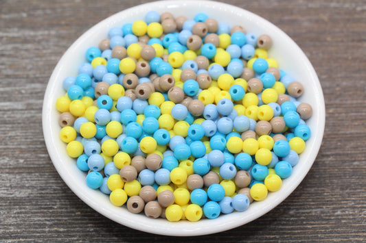 6mm Mix Round Gumball Beads, Blue Yellow Brown Mix Acrylic Loose Beads, Multicolor Bubblegum Beads, Chunky Beads, Smooth Round Beads #2442