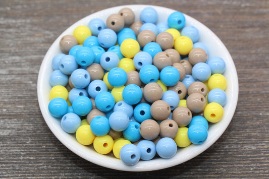 10mm Mix Round Gumball Beads, Blue Yellow Brown Mix Acrylic Beads, Multicolor Bubblegum Beads, Chunky Beads, Smooth Round Beads #2444