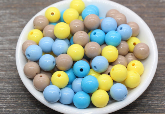 12mm Mix Round Gumball Beads, Blue Yellow Brown Mix Acrylic Loose Beads, Multicolor Bubblegum Beads, Chunky Beads, Smooth Round Beads #2445