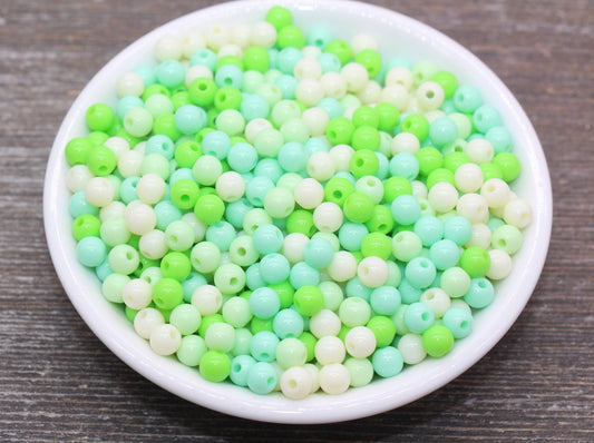 6mm Mix Round Gumball Beads, Ivory and Green Mix Acrylic Loose Beads, Multicolor Bubblegum Beads, Chunky Beads, Smooth Round Beads #2452