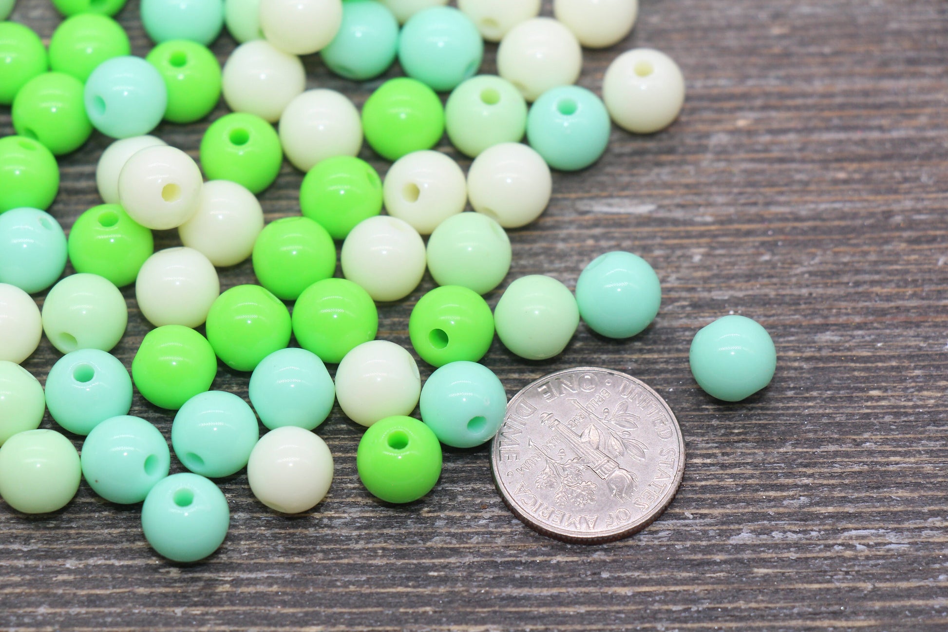 8mm Mix Round Gumball Beads, Ivory and Green Mix Acrylic Loose Beads, Multicolor Bubblegum Beads, Chunky Beads, Smooth Round Beads #2453