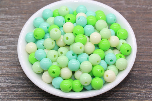 10mm Mix Round Gumball Beads, Ivory and Green Mix Acrylic Beads, Multicolor Bubblegum Beads, Chunky Beads, Smooth Round Beads #2454