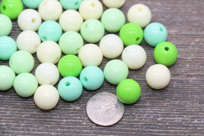 12mm Mix Round Gumball Beads, Ivory and Green Mix Loose Beads, Multicolor Bubblegum Beads, Chunky Beads, Smooth Round Beads #2455