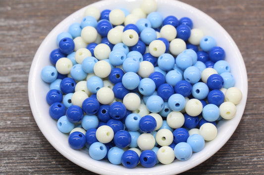 8mm Mix Round Gumball Beads, Ivory and Blue Mix Acrylic Loose Beads, Multicolor Bubblegum Beads, Chunky Beads, Smooth Round Beads #2458