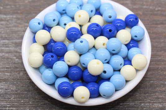 12mm Mix Round Gumball Beads, Ivory and Blue Mix Loose Beads, Multicolor Bubblegum Beads, Chunky Beads, Smooth Round Beads #2460