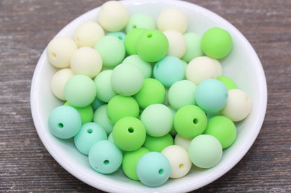 14mm Frosted Mix Round Gumball Beads, Matte Ivory and Green Mix Loose Beads, Multicolor Bubblegum Beads, Chunky Beads #2464