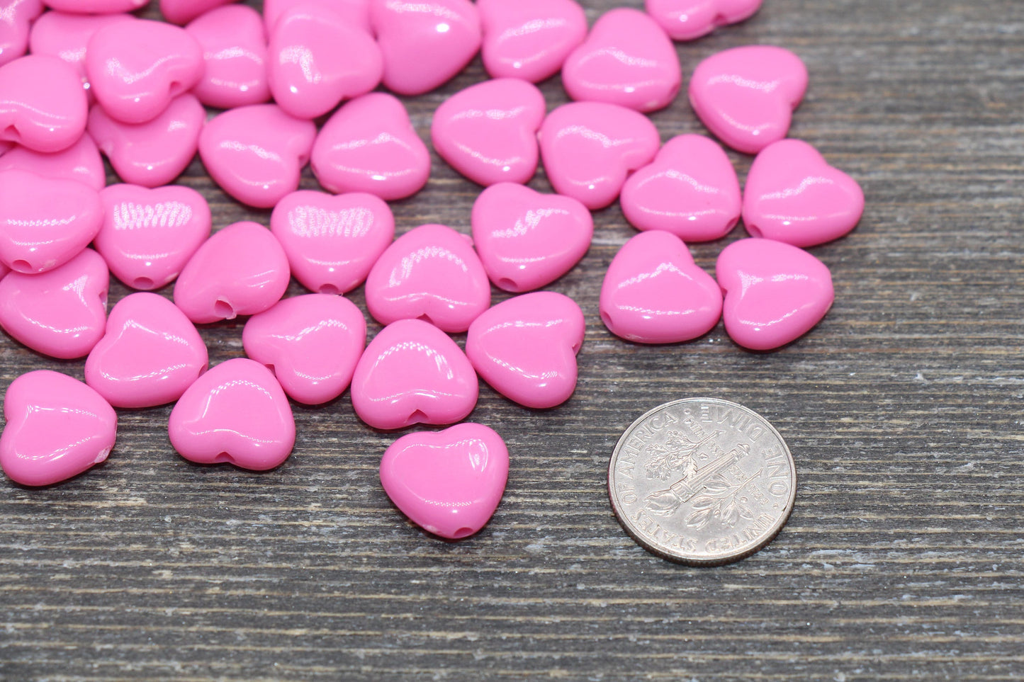 Barbie Pink Heart Beads, Pink Acrylic Heart Beads, Chunky Pink Heart Beads, Plastic Heart Shape Beads, Vertical Hole Hearts #2479