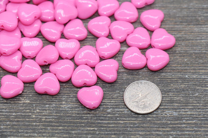 Barbie Pink Heart Beads, Pink Acrylic Heart Beads, Chunky Pink Heart Beads, Plastic Heart Shape Beads, Vertical Hole Hearts #2479