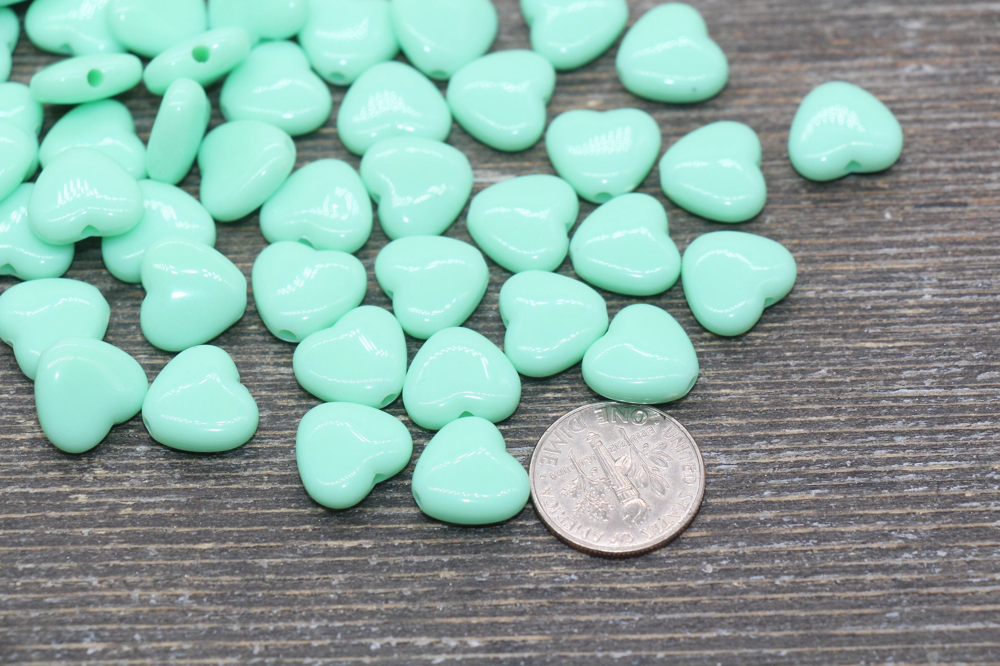 Mint Green Heart Beads, Mint Acrylic Heart Beads, Chunky Mint Heart Beads, Plastic Heart Shape Beads, Vertical Hole Hearts #2486