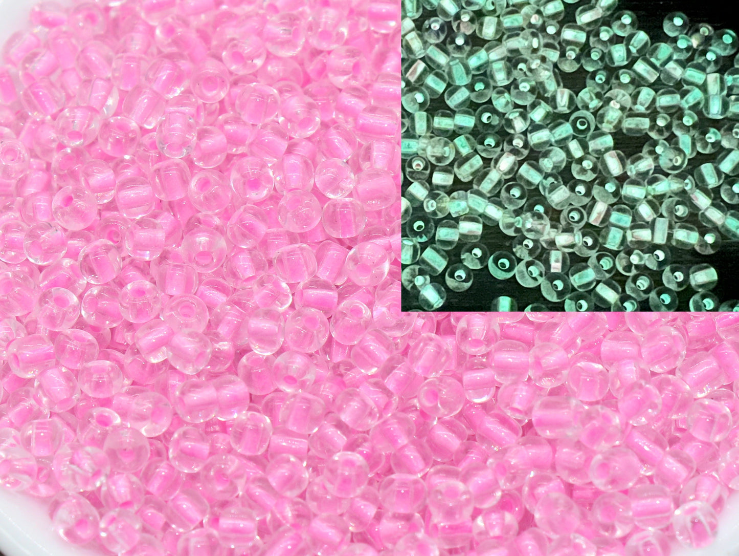 GLOW Glass Beads, 4mm 6/0 Glass Beads, Glow in Dark Transparent Beads with Pink Lining Beads, Rocailles Beads, Beading Supplies #2497