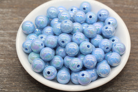 12mm Dusty Blue AB Gumball Beads, Iridescent Acrylic Loose Beads, Solid Bubblegum Beads, Chunky Beads, Glossy Smooth Round Beads #470