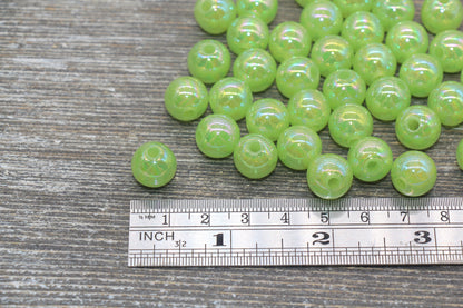 12mm Jelly Green AB with Glitter Gumball Beads, Iridescent Acrylic Loose Beads, Bubblegum Beads, Sparkle Glossy Chunky Round Beads #2530