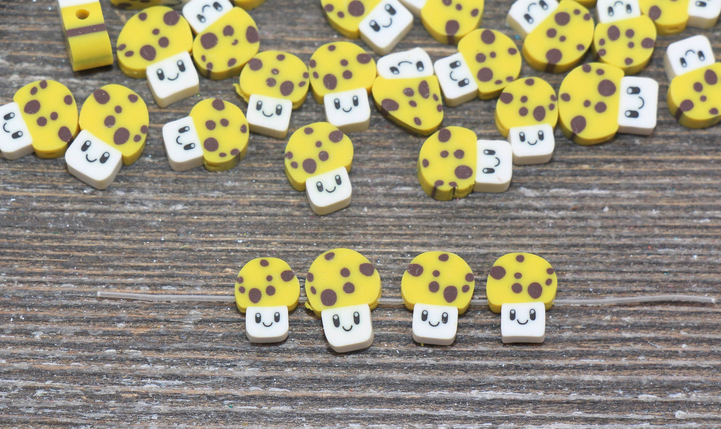 Mushroom Polymer Clay Beads, Kawaii Smiling Mushroom Clay Beads, Jewelry Beads, Beads for Bracelet #168