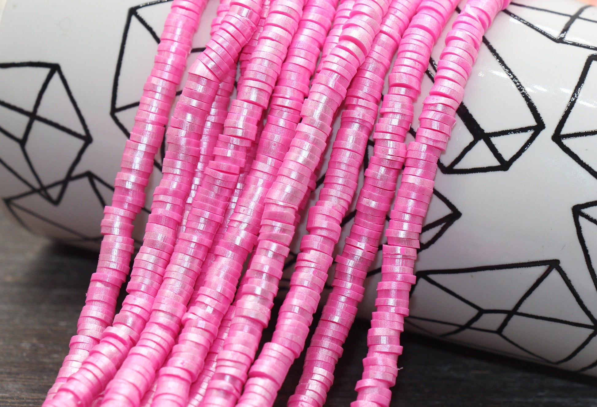 6mm Shimmer Hot Pink Polymer Clay Disc Beads, Hot Pink Heishi Beads, African Disc Beads, Vinyl Heishi, 16 inch Strand #428