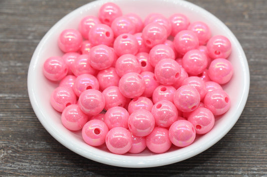 12mm Pink AB Gumball Beads, Iridescent Acrylic Loose Beads, Solid Bubblegum Beads, Chunky Beads, Glossy Smooth Round Plastic Beads #81