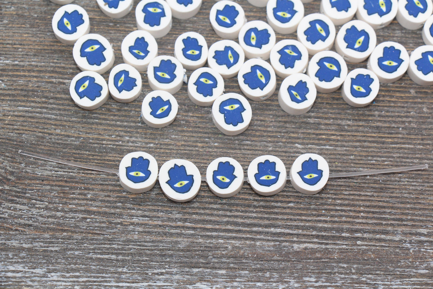 Blue Evil Eye Hamsa Hand Polymer Clay Beads, Round Evil Eye Fimo Cane Beads, Evil Eye Clay Beads #163