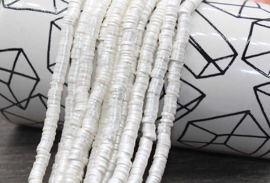 6mm Shimmer White Color Polymer Clay Disc Beads, White Heishi Beads, African Disc Beads, Vinyl Heishi, 16 inch Strand #424