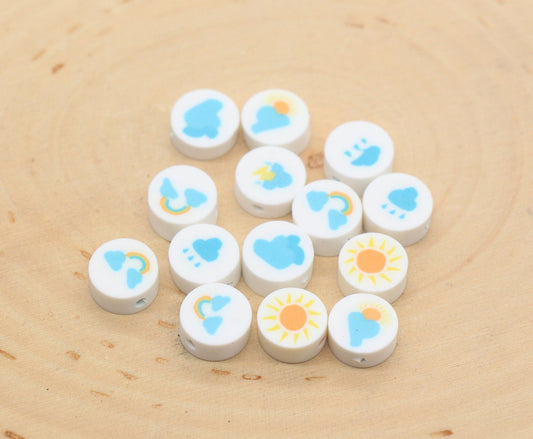 Sun, Rain, Cloud, Rainbow Polymer Clay Beads, Assorted Weather Symbol Clay Beads, Jewelry Beads #192