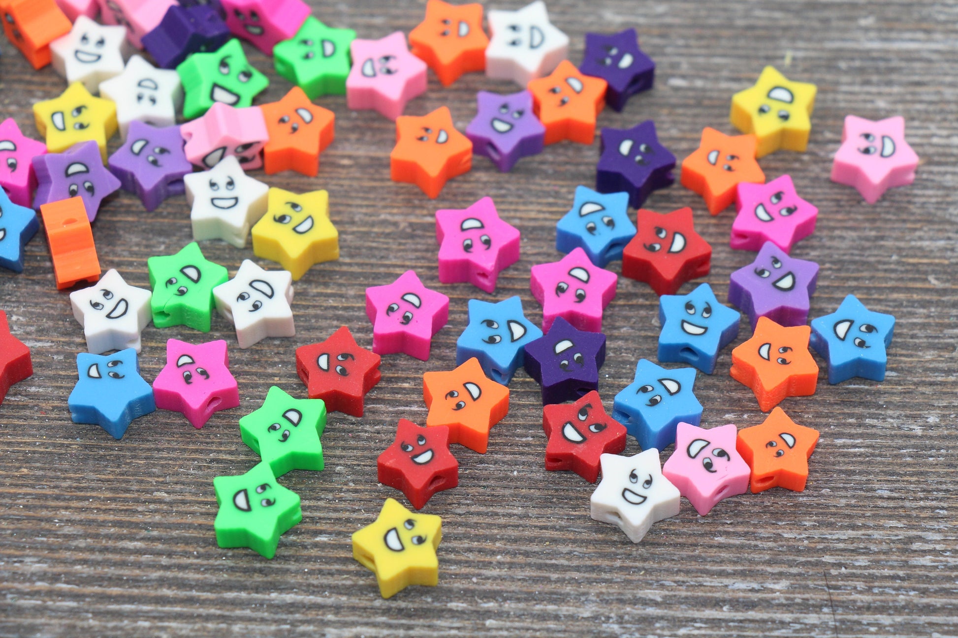 Smiley Face Polymer Clay Beads, Star Shape Smiley Face Fimo Cane Beads, Assorted Happy Face Emoji Beads, Rainbow Happy Face Slice Beads #207