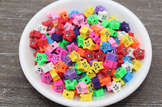 Smiley Face Polymer Clay Beads, Star Shape Smiley Face Fimo Cane Beads, Assorted Happy Face Emoji Beads, Rainbow Happy Face Slice Beads #207