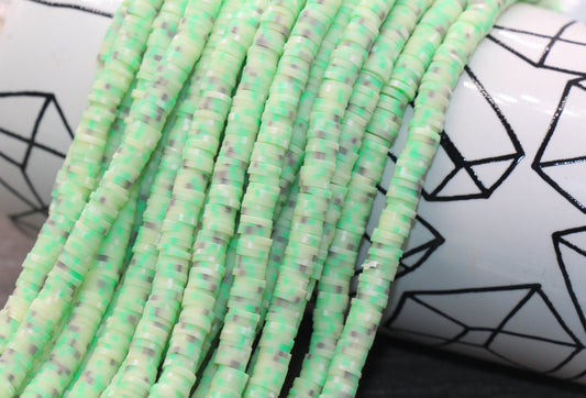 6mm Green Speckled Heishi Beads, Green Speckled Polymer Clay Disc Beads, African Disc Beads, Vinyl Heishi, 16 inch Strand #436