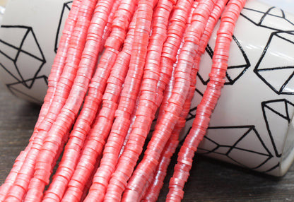 6mm Shimmer Coral Color Polymer Clay Disc Beads, Coral Heishi Beads, African Disc Beads, Vinyl Heishi, 16 inch Strand #440