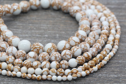 Gold Lace Turquoise Beads, White Turquoise with Gold Lace Gemstone Beads, Smooth Round Beads, Sizes 4mm 6mm 8mm 10mm 12mm, 15.5 inch, #210
