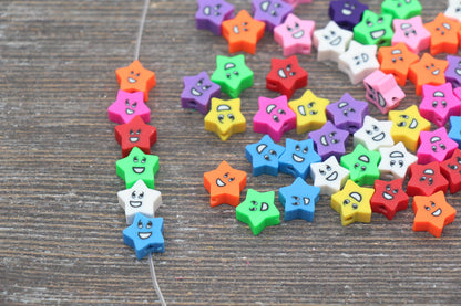 Smiley Face Polymer Clay Beads, Star Shape Smiley Face Fimo Cane Beads, Assorted Happy Face Emoji Beads, Rainbow Happy Face Slice Beads #207