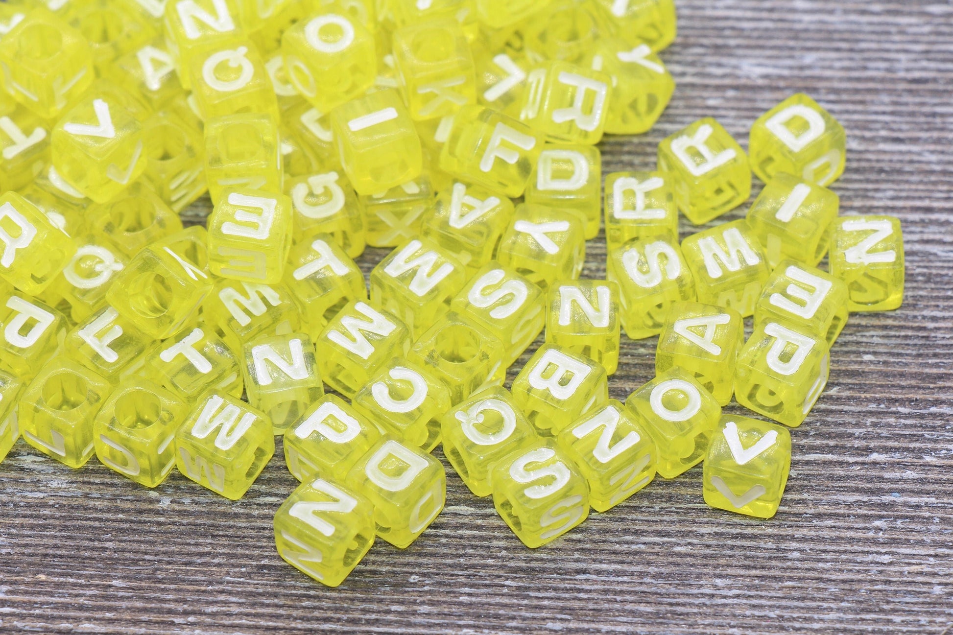 Yellow Cube Alphabet Letter Beads, Translucent Mixed Acrylic Letter Beads, Plastic Cube Letter Beads, Square Name Beads, Size 7mm #151