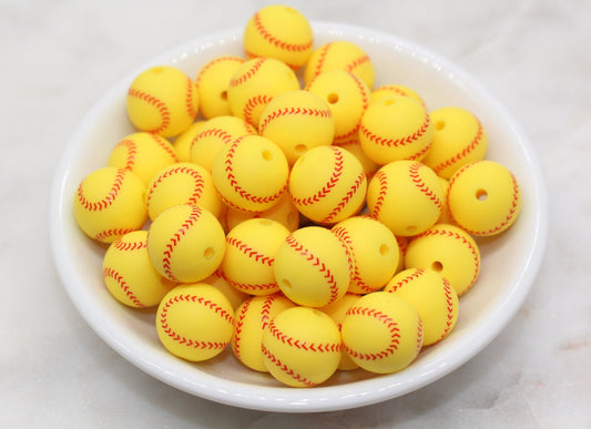 Softball Silicone Beads, Sports Print Silicone Beads, Round Sports Ball Beads, Chunky Beads, Silicone Beads #246