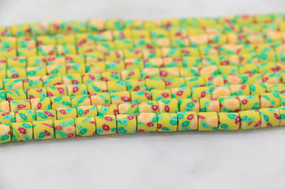 6mm Wide Column Chunky Polymer Clay Beads, Flower Printed Heishi Spacer Beads, Clay Tube Beads, Barrel Beads Heishi Beads #444