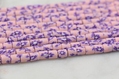 6mm Wide Column Chunky Polymer Clay Beads, Flower Printed Heishi Spacer Beads, Clay Tube Beads, Barrel Beads Heishi Beads #446