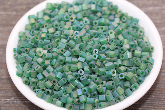 Matte Square Glass Seed Beads, 4mm Cube Glass Beads, Frosted Green AB Square Seed Beads, Iridescent Glass Beads, Beading Supplies #2099